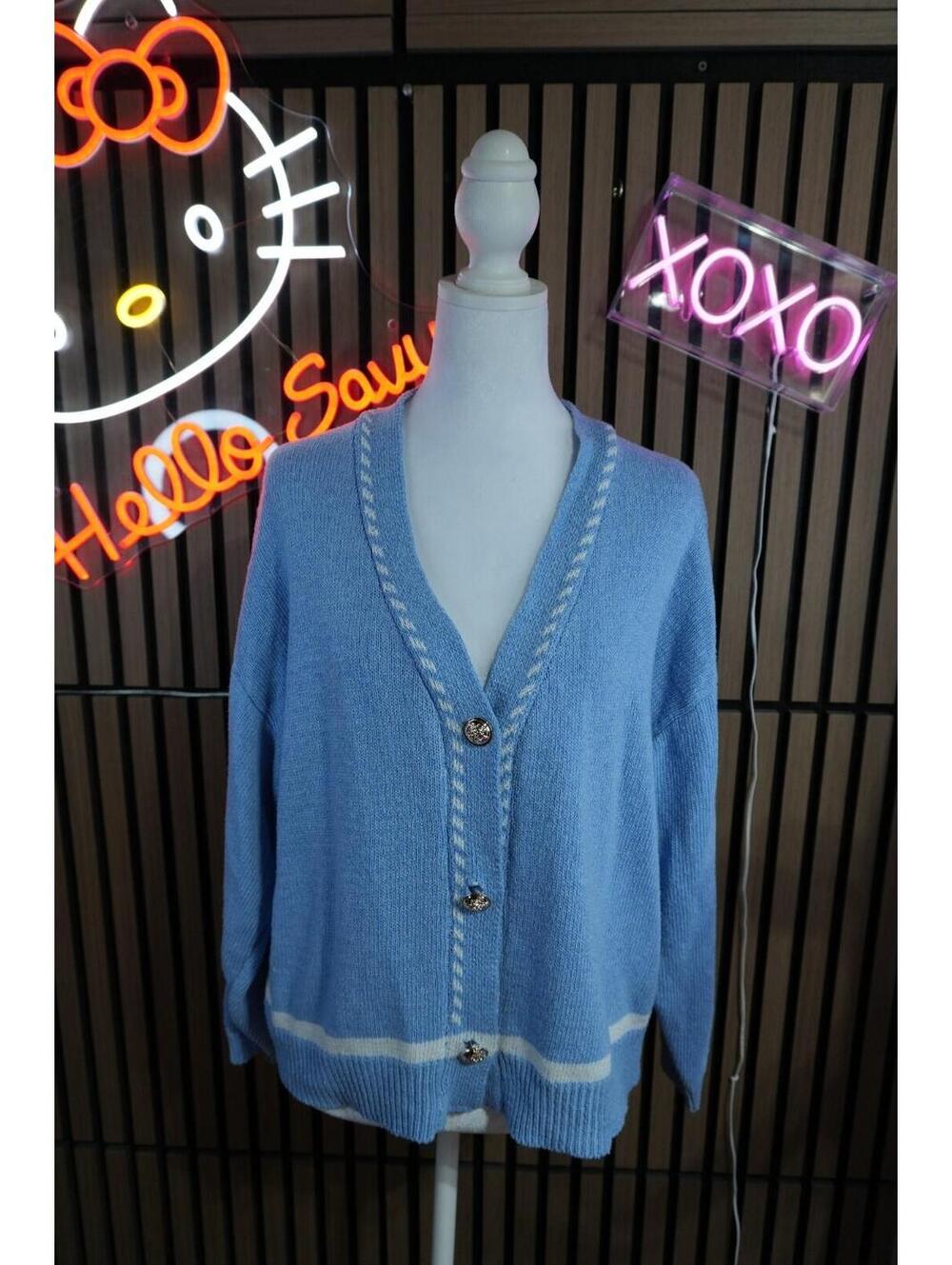 Women's Knit Cardigan Sweater V-Neck Button Front Long Sleeve Blue White M